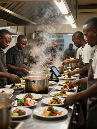 Wide shot of a busy African restaurant kitchen mid-service, cooks plating dishes under harsh overhead light, steam rising from pots, hands in motion, no one looking at camera — high contrast, screen-glow ambiance from a tablet mounted on the pass