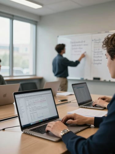 Wide environmental shot of a real conference room mid-session, laptop screens showing spreadsheets, a hand pointing at a whiteboard covered in handwritten notes, daylit windows in background, shallow depth of field on the workspace surface