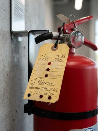 A crisp close-up of a signed yellow compliance tag attached to a clean red fire extinguisher, bright indoor commercial lighting, sharp focus, 35mm lens.