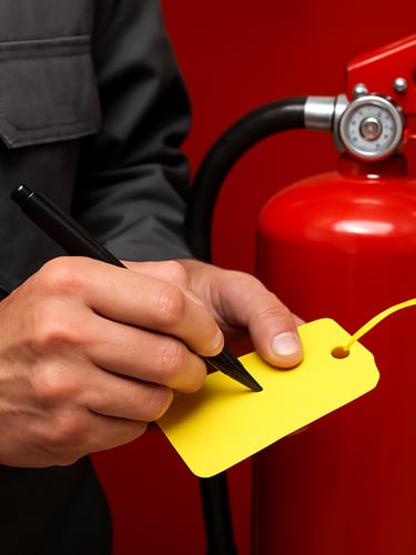 Close-up of a certified yellow compliance tag being signed by a technician in a dark grey uniform, red fire extinguisher in background, sharp focus, crisp commercial lighting