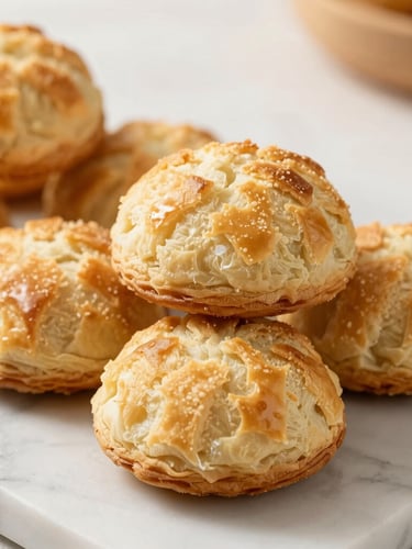 Close-up of golden-brown flaky pastries stacked on a clean marble counter, soft morning daylight, warm amber tones, shallow depth of field