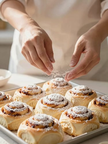 A baker's hands dusting powdered sugar over freshly baked cinnamon rolls, flour particles catching soft morning sun, warm tones, 35mm