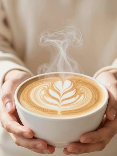 Close-up of steam rising from a freshly poured latte with intricate leaf art, held in warm hands, bright natural morning sunlight, soft cream tones