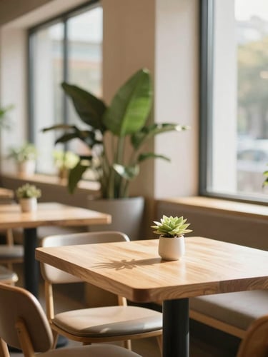 A bright, sun-drenched modern cafe interior with light wood tables, green plants, and large windows streaming soft morning daylight
