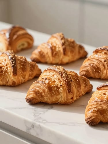 Flaky golden-brown croissants and fresh pastries arranged neatly on a light marble counter, soft morning sun casting gentle shadows