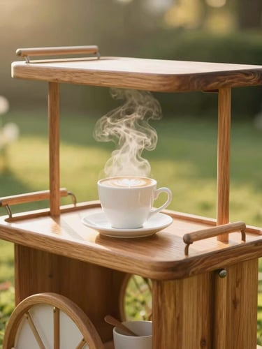 A beautifully designed wooden mobile espresso cart set up at an elegant outdoor wedding, steam rising from a latte, soft golden hour sunlight, lush green background, 35mm