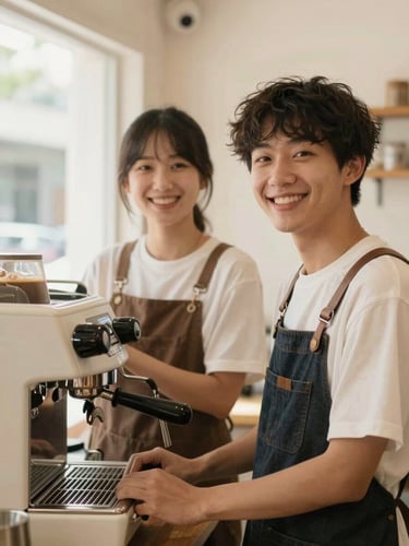 A warm, candid portrait of two friendly coffee shop owners smiling behind a clean espresso machine, bright natural daylight, 35mm editorial style