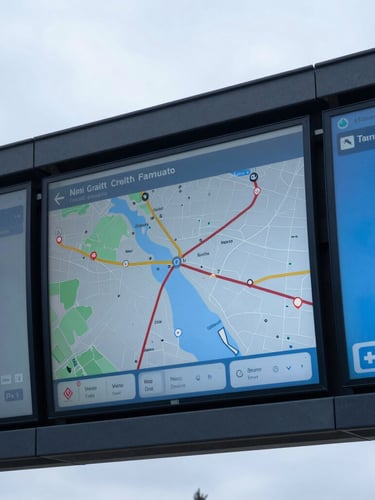 Close-up of digital dispatch screens showing route maps with cool overcast daylight and steel blue tones, sharp focus, 35mm