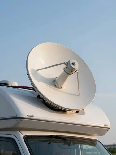 Close-up overhead view of a Starlink dish and cellular antenna mounted on the flat roof of a Class A motorhome, late-afternoon natural light casting soft shadows across white fiberglass, cable runs visible, blue sky at the right edge