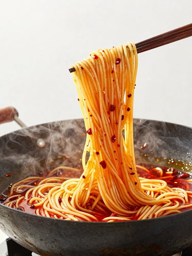 Close-up of a chef tossing fresh Dan Dan noodles in a hot wok, vibrant red chili oil glistening, steam rising, bright natural daylight, high-key background.