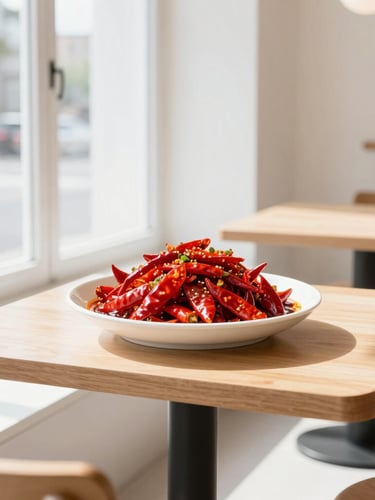 Bright, sunlit modern restaurant interior with minimalist wooden tables, clean white walls, large windows letting in natural daylight, soft shadows.