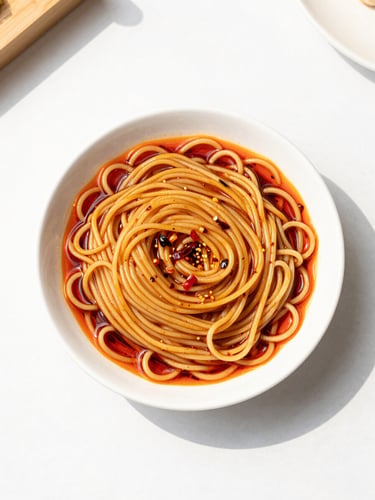 Overhead flat-lay of vibrant Dan Dan noodles glistening with red chili oil on a clean white table, bright natural daylight, 50mm lens