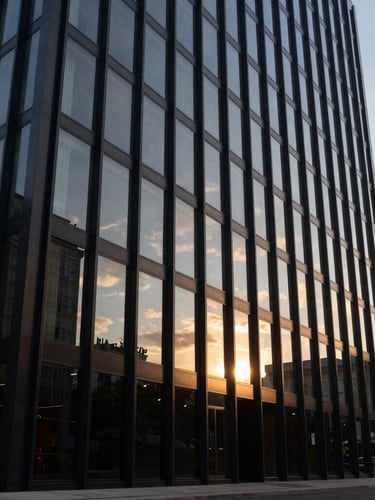 Vista em ângulo contra-plongée de uma fachada corporativa minimalista em vidro escuro e aço escovado, iluminação dramática de fim de tarde com reflexos dourados sutis, sem pessoas, composição geométrica precisa.