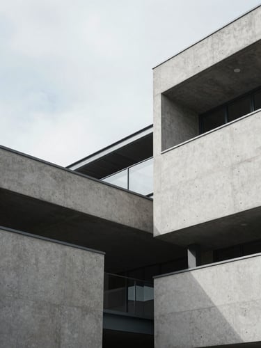 Minimalist architectural detail of a modern corporate structure, sharp concrete and steel lines intersecting under cool overcast daylight, generous negative space, high-contrast shadows.