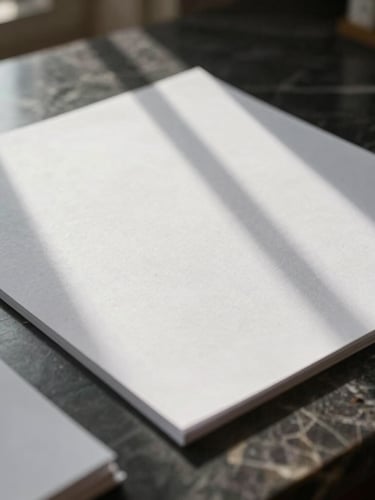 Close-up of high-quality textured paper documents resting on a dark marble desk, soft natural window light casting elegant shadows, minimalist composition.