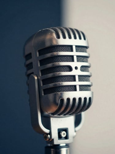 Macro shot of a high-end vintage studio microphone, warm soft light, deep blue shadows, shallow depth of field, 35mm editorial style