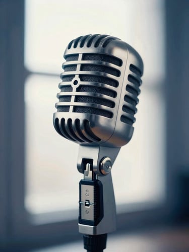 Elegant close-up of a vintage studio microphone, soft warm window light, deep blue tones, shallow depth of field, high-end editorial photography