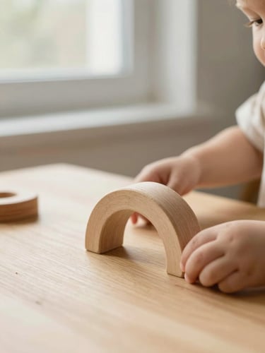 Close-up of a toddler's hands stacking minimalist wooden arch toys on a light oak table, soft morning window light, warm editorial style.