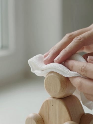 Close-up of hands gently wiping a minimalist wooden toy with a soft cloth, warm morning light, shallow depth of field, 35mm