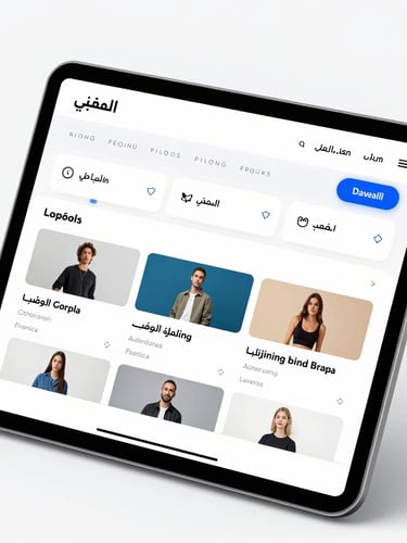 Sleek modern tablet mockup showing a high-fidelity Arabic e-commerce store dashboard, clean UI elements, bright studio lighting with soft blue accents, sharp focus.