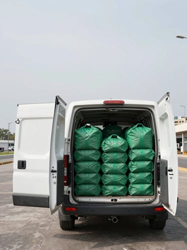 Wide shot from above: a clean delivery van with open side door, neatly stacked green-tagged garment bags in organized rows inside, bright even daylight, Malabo urban background visible far right, generous negative space on the left side of the frame