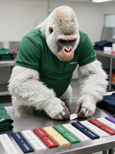 Close overhead shot of Copito de Nieve, an ultra-realistic white gorilla in a deep green polo uniform, inspecting and sorting tagged garments on a clean stainless steel sorting table, bright even studio lighting, organized rows of color-coded labels visible in the foreground