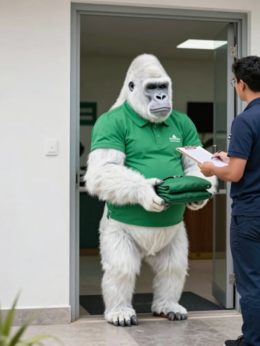 Ultra-realistic white gorilla Copito de Nieve™ in green polo uniform, standing at a doorway handing a neatly folded garment bag to a professional recipient, organized delivery clipboard visible in background, bright even daylight, clean modern Malabo building entrance, wide framing with negative space on the left