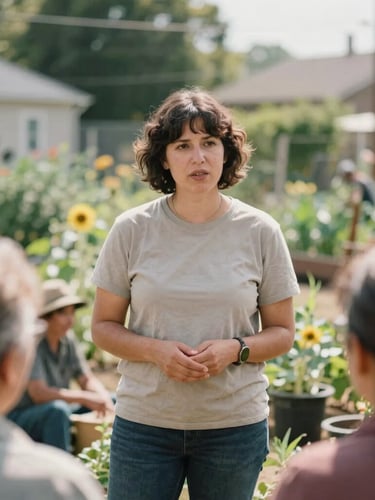 A candid, respectful portrait of a community organizer speaking with local residents in a sunlit community garden, warm editorial photography, shallow depth of field, 35mm film aesthetic.