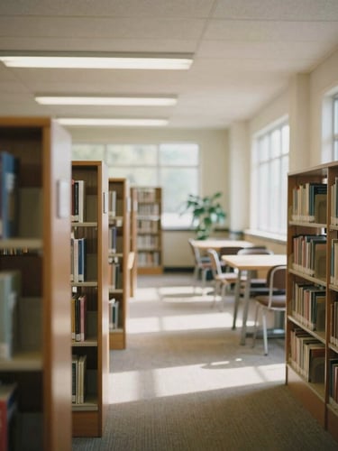 A quiet, wide environmental shot of a sunlit community center library, warm ambient indoor light, shallow depth of field, 35mm film aesthetic.