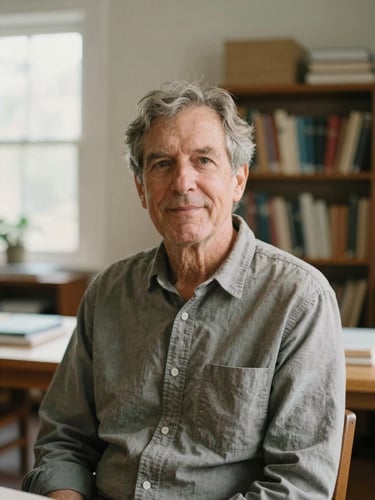 Candid, respectful portrait of a mature community leader in a warm, ambient indoor archive room, soft natural light from a window, shallow depth of field.