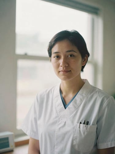 Candid portrait of a healthcare worker in a bright, warm community clinic, soft overcast daylight through a window, respectful framing, shallow depth of field, 35mm film aesthetic