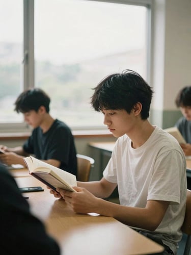 A student in a collaborative learning space, reading a book near a large window with soft natural overcast daylight, warm tones, shallow depth of field, 35mm film aesthetic