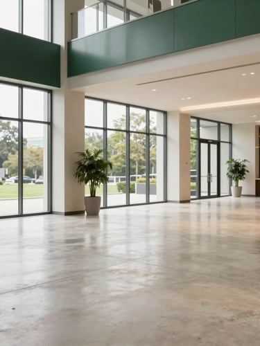 Wide environmental shot of a pristine, modern commercial office lobby with large windows and polished concrete floors, bathed in natural overcast light