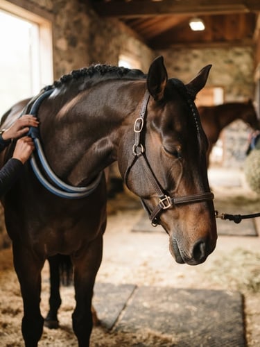 Crisp editorial photography of a sport horse showing deep relaxation with soft eyes and dropped head during PEMF therapy in natural morning stable light, shallow depth of field, 35mm lens.