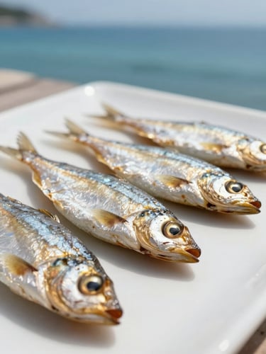 Macro close-up of premium dried fish arranged artfully on clean slate under soft natural coastal daylight