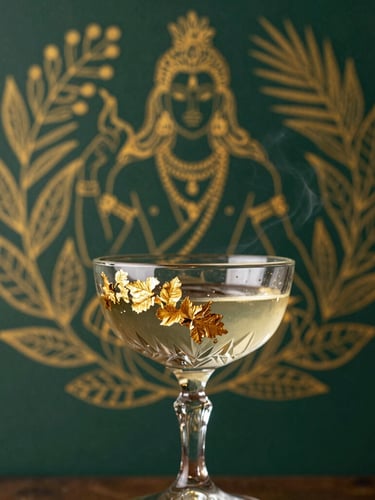 A close-up of a smoking molecular cocktail in a crystal coupe glass with real gold leaf accents, set against a dark emerald wall featuring a subtle, elegant golden line art illustration of Lord Shiva surrounded by exotic botanical leaves, warm dramatic lighting, 35mm