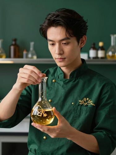 An elegant portrait of a premium culinary designer in a clean, dark emerald laboratory setting, holding a golden molecular flask, warm editorial lighting, 35mm