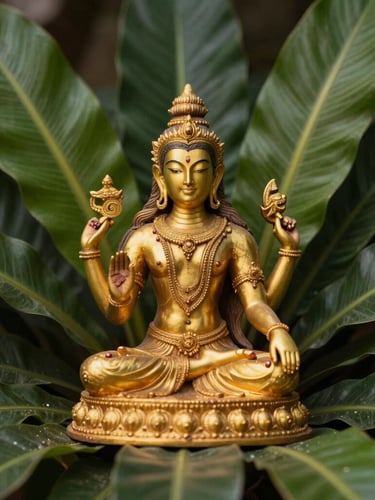 Elegant golden statue of Shiva sitting among lush emerald tropical leaves, warm dramatic lighting, macro details, 35mm photography