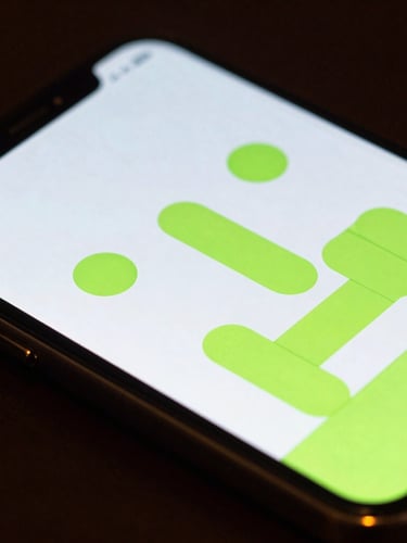 Extreme close-up angled perspective of a modern Android phone screen showing a fluid, minimalist physics puzzle with neon green accents, soft dark ambient light reflecting on the glass edge.