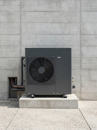Clean architectural photography, straight-on medium shot of a modern outdoor heat pump unit neatly installed next to a minimalist concrete wall, bright daylight, crisp details, 35mm lens