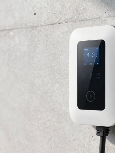 Close-up of a neatly wired smart home control panel and an EV charger mounted on a clean concrete wall, crisp technical details, bright natural daylight, 35mm lens