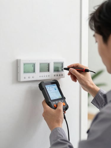 Close-up of a certified HVAC technician in a clean uniform using digital diagnostic tools on a neatly wired smart thermostat system, high-visibility indoor lighting, crisp details