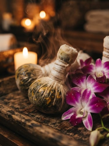 Close-up of steaming herbal compresses and orchids in soft focus, warm candlelit indoor light, deep teakwood tones