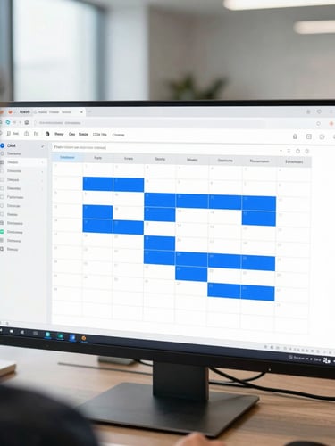 Over-the-shoulder shot of a modern clean CRM dashboard in a CDMX office, showing a fully booked calendar with blue appointment blocks, cool natural office light