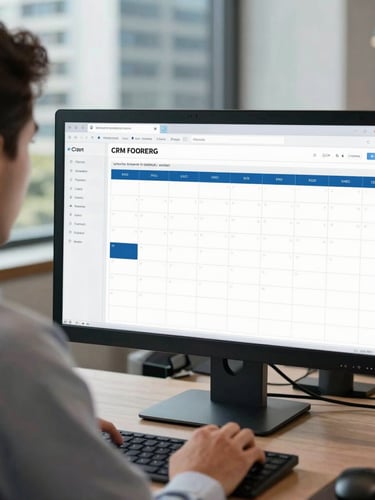 Over the shoulder shot of a professional sales executive analyzing a clean CRM calendar dashboard on a sleek monitor, cool natural office light, CDMX business district background