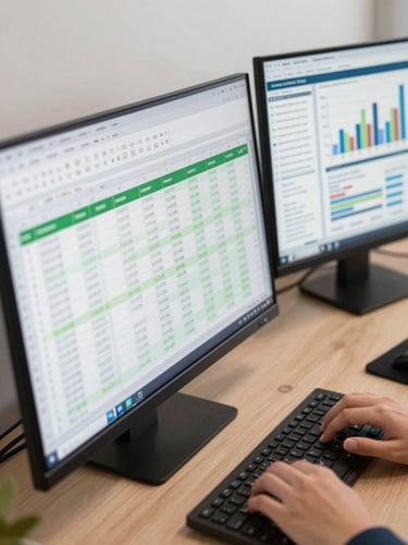 Close-up overhead of a multi-monitor desk setup in a modern finance office, a live Excel workbook with financial model formulas and green accent cells visible on one screen, a KPI dashboard with bar charts on the other, bright studio-neutral lighting, sharp data focus
