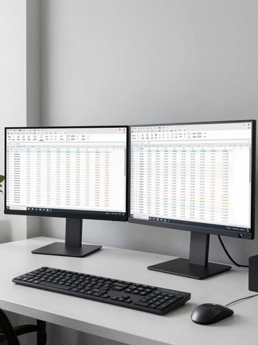 Wide shot of a modern finance workstation, two large monitors displaying live Excel workbooks with structured financial models and KPI dashboards, clean desk surface, bright neutral studio light from the left, tight framing on the screens showing real numeric data and formula bars