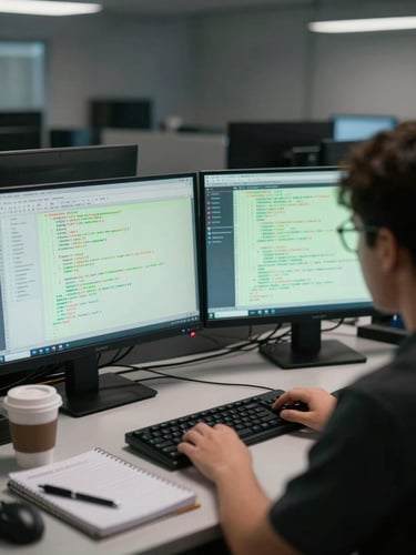 Over-the-shoulder documentary shot of a security researcher at a dual-monitor workstation, terminal windows filling the screens with pale green code output, cool overhead ambient light, desk cluttered with notebooks and a coffee mug, dark room with equipment visible in the background, no faces shown