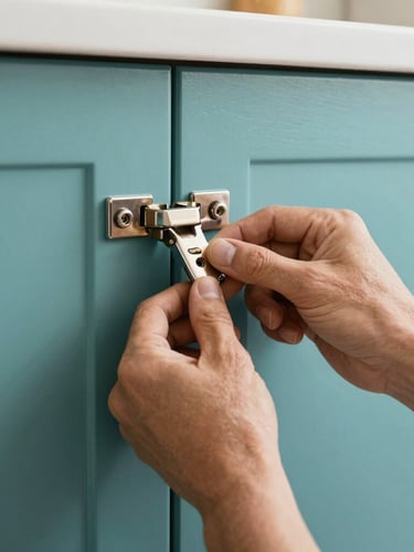Close-up of a professional technician's hands installing a shiny metal hinge on a clean teal aluminum kitchen cabinet, bright indoor lighting, sharp focus, 35mm