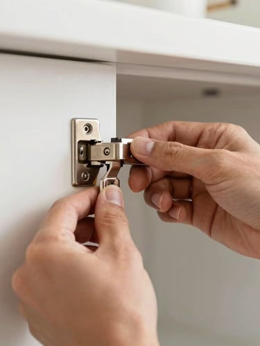 Close-up of hands installing a shiny metallic hinge on a clean aluminum cabinet, bright natural indoor kitchen lighting, sharp focus on materials, 35mm